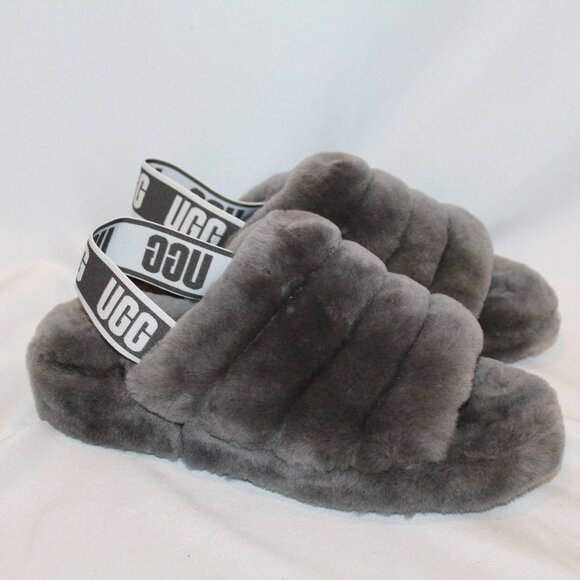 NEW UGG WOMEN'S FLUFF YEAH GRAY SHEARLING SLIPPER SANDALS‎ - Picture 1 of 6